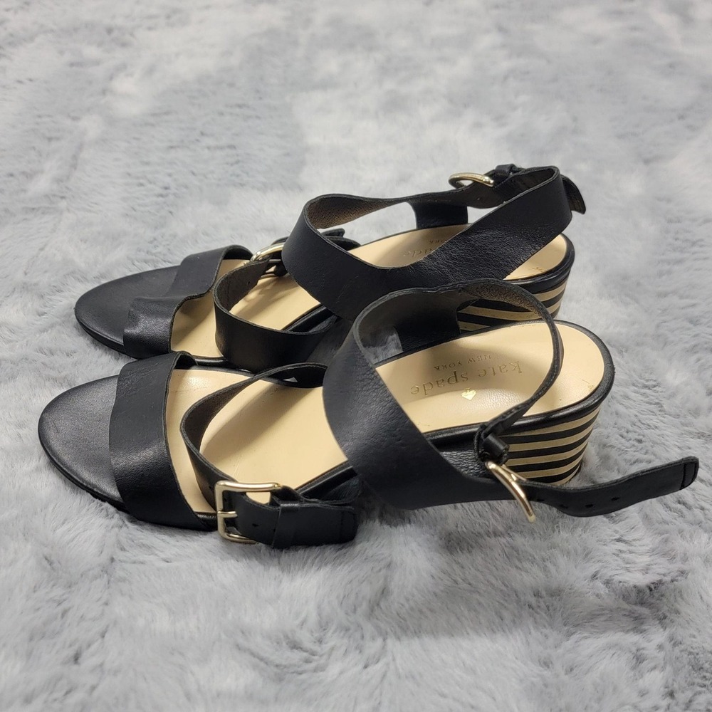 Kate Spade Sandals Womens 7 Black Strappy Leather Block Heel Striped Ankle Strap